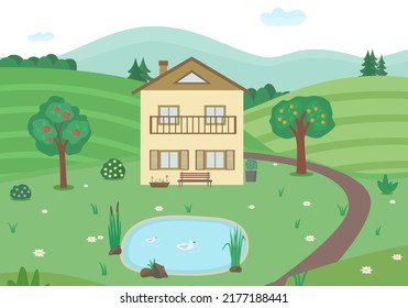 Countryside landscape with house, lake, meadow and trees. Flat style. Vector illustration