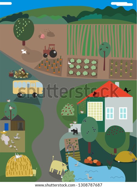 Countryside\
landscape with a house, plants and\
animals
