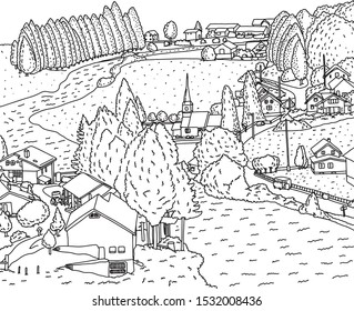 countryside landscape with house and river vector illustration sketch doodle hand drawn with black lines isolated on white background