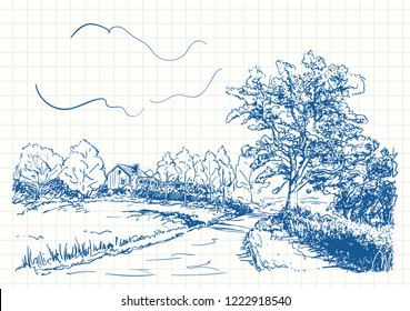 Countryside landscape with house, road and big oak tree, Blue pen sketch on square grid notebook page, Hand drawn vector illustration