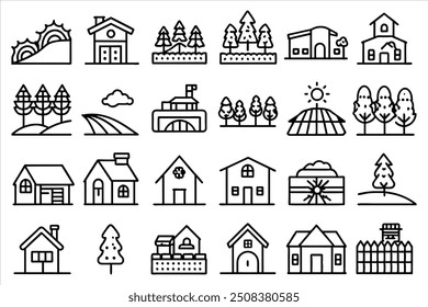 countryside and landscape icon set. editable stroke outline icons set. vector illustration.