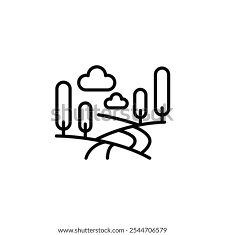 Countryside Landscape icon. Simple icon representing a natural outdoor scene with trees and a path, ideal for social media, app, and web design. Vector illustration