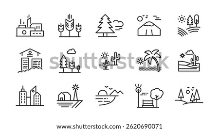 Countryside and landscape line icon set. Road, lake, view, land, sea, river, beach, desert, field, mountain, forest, island, volcano, waterfall outline vector icon collection. UI thin outline icon