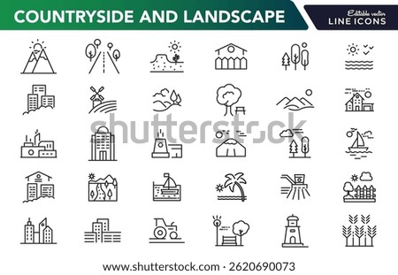 Countryside and landscape line icon set. Road, lake, view, land, sea, river, beach, desert, field, mountain, forest, island, volcano, waterfall outline vector icon collection. UI thin outline icon