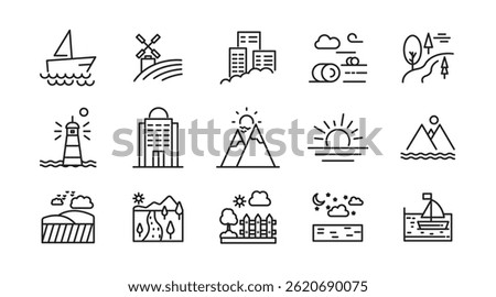 Countryside and landscape line icon set. Road, lake, view, land, sea, river, beach, desert, field, mountain, forest, island, volcano, waterfall outline vector icon collection. UI thin outline icon