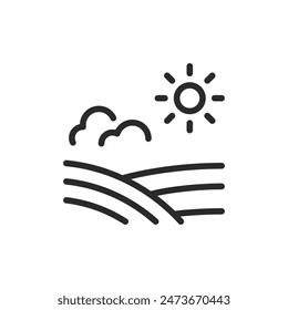 Countryside landscape, linear style icon. A landscape with sun and clouds. farming and agriculture. Editable stroke width.