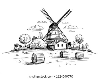 Countryside landscape with a mill. Hand drawn illustration converted to vector. Outline isolated on transparent background