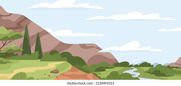 Countryside landscape with mountain cliff, grass, trees, river, sky horizon and clouds. Calm summer nature, panoramic view. Rural scenery panorama. Spring environment. Flat vector illustration