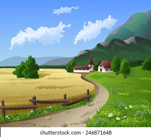 Countryside landscape with mountains
