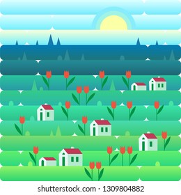 Countryside landscape in nature with flowers and blue sky. Vector illustration in flat and gradient style.