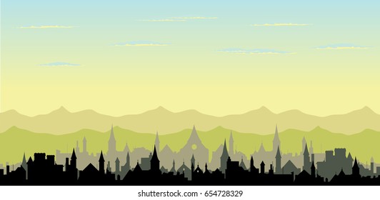 Countryside landscape and old town silhouette vector illustration
hills, cloudy morning sky, summer