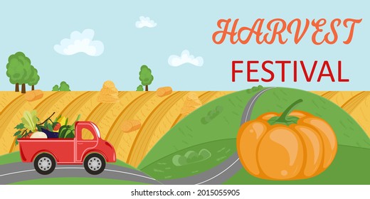 Countryside Landscape Panorama with Crop Red Truck and Title Harvest Festival