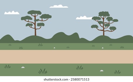 Countryside Landscape. Park illustration. Children book background. Bushes. Suburb illustration. Foliage. Park in the city. Road in the forest.