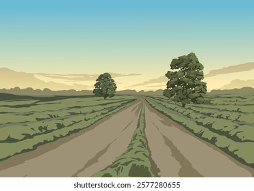 Countryside landscape with pathway and farm