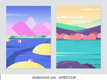 Countryside landscape poster design, small village in front of mountains and cherry blossom trees beside the lake