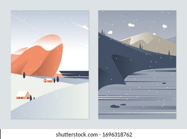 Countryside landscape poster design, village beside the sea and frozen lake in the valley