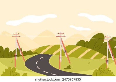 Countryside landscape with power lines and transmission towers overhead asphalt road and agricultural green fields vector illustration