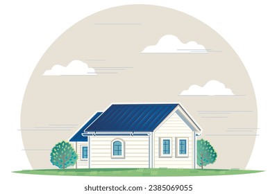 Countryside landscape with a primitive country house Enclosed in a circular composition, vector illustration.