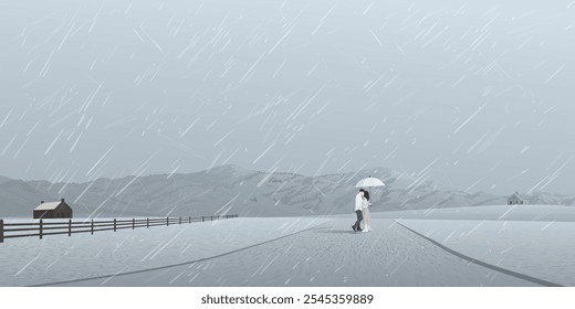 Countryside landscape in rainy day with couple of lover kissing under umbrella have mountain ranges and dusk sky background.