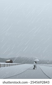 Paisagem do campo em dia chuvoso com casal de amante beijando sob guarda-chuva têm cadeias de montanhas e céu crepúsculo fundo vertical.