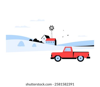 Countryside Landscape With Red Pickup Truck In Flat Vector Illustration Symbolizing Rural Living, Transportation, And Farming, Isolated On White Background