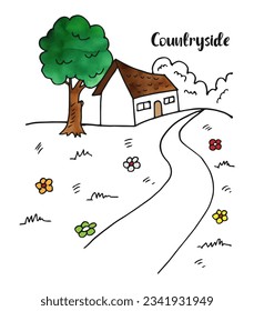 Countryside landscape road, big tree, village house, watercolor cartoon doodle.