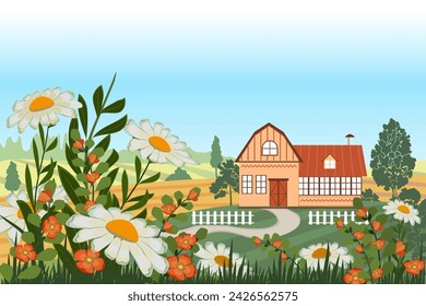 Countryside landscape with rural house, fence, flowers and fields. Vector illustration