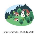 Countryside landscape with rural houses in summer season. Country buildings on hill with green meadow, forest. Suburban, village nature in spring. Flat isolated vector illustration on white background