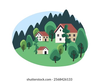 Countryside landscape with rural houses in summer season. Country buildings on hill with green meadow, forest. Suburban, village nature in spring. Flat isolated vector illustration on white background