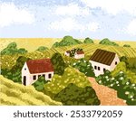 Countryside landscape, rural nature, village with small cottage houses, fields. Peaceful country scenery with green hills, clouds on summer sky, suburban settlement. Flat vector illustration