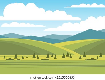 Countryside landscape scene with green wheat fields. Skyline with clouds farmland flat cartoon style