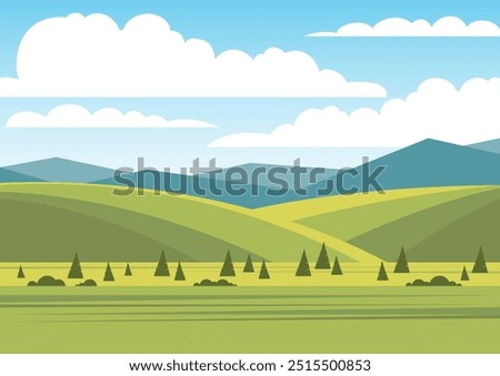 Countryside landscape scene with green wheat fields. Skyline with clouds farmland flat cartoon style