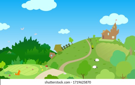 Countryside landscape scene, sunny day green fields, vector cartoon color illustration, horizontal
