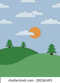Countryside landscape with setting sun and clouds