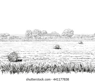 Countryside landscape sketch design silhouette. Hand drawn vector illustration