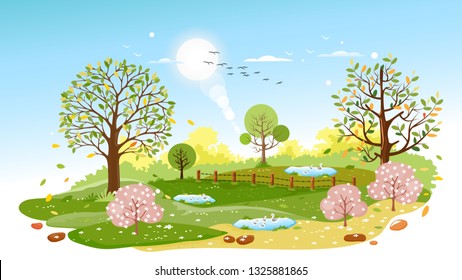 Countryside landscape in Spring sunny day, Vector illustration of horizontal banner of spring landscape farm, Mountains, Cherry Blossom with leaves falling on grass in green foliage.
