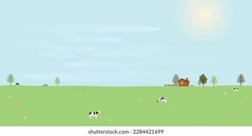 Countryside landscape in summer vector illustration. Livestock farm and house on hill in sunny day.