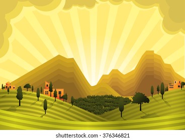countryside landscape with sunset, vector illustration.