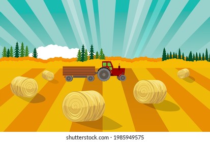 Countryside landscape, tractor work on gold  fields, farmland, outdoor theme vector illustration