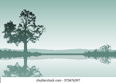 A Countryside Landscape with Tree and Reflection in Water