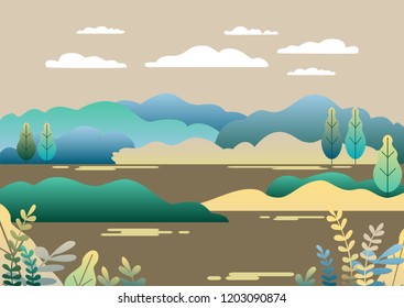 Countryside landscape in trendy flat style vector illustration. Mountains and hills, lake, flowers and trees, abstract background with copy space for header images for websites, banners, covers