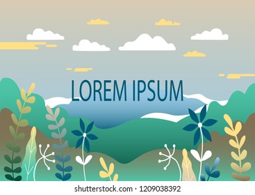 Countryside landscape in trendy flat style vector illustration. Mountains and hills, flowers and trees, abstract background with copy space for header images for websites, banners, covers