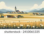 Countryside landscape vector illustration, European old town and rural fields in flat style