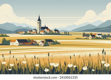 Countryside landscape vector illustration, European old town and rural fields in flat style