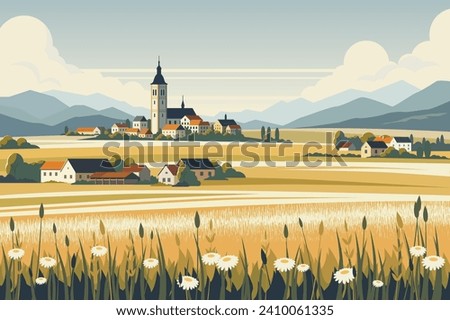 Countryside landscape vector illustration, European old town and rural fields in flat style