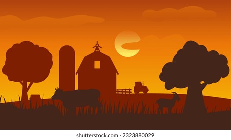 Countryside landscape vector illustration. Farm silhouette landscape with barn, tractor, cow and goat. Rural agriculture silhouette landscape for background, wallpaper, display or landing page