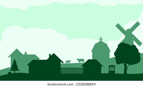 Countryside landscape vector illustration. Farm silhouette landscape with barn, windmill, cow and goat. Rural agriculture silhouette landscape for background, wallpaper, display or landing page