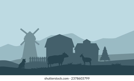 Countryside landscape vector illustration. Farm silhouette landscape with livestock, farmhouse and windmill. Rural scenery silhouette for background, wallpaper or landing page