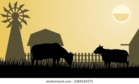 Countryside landscape vector illustration. Farm silhouette landscape with livestock, farmhouse and windmill. Rural scenery silhouette for background, wallpaper or landing page