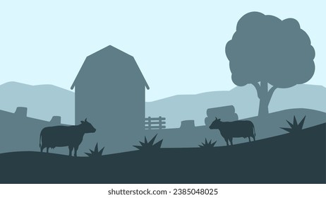 Countryside landscape vector illustration. Farm silhouette landscape with livestock, farmhouse and cow. Rural scenery silhouette for background, wallpaper or landing page